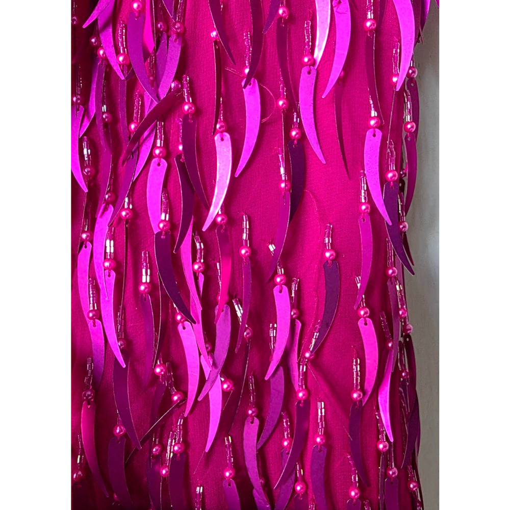 AJ Bari Silk Hot Pink Cattail Sequin Beaded Fringe Vintage Trophy Sheath Dress 6 - Picture 9 of 15
